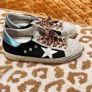 Golden Goose Black and Silver Sneakers with Leopard Laces
